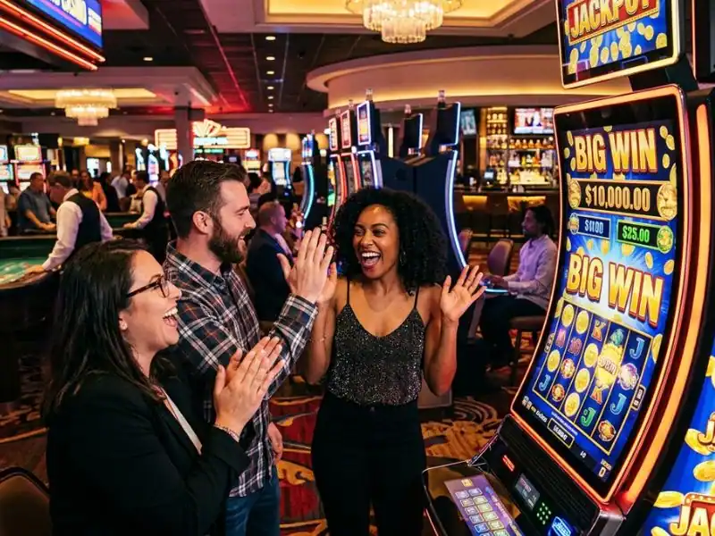 Player celebrating big wins on a slot machine in 55bmw slot casino happy vibes and big wins in the casino