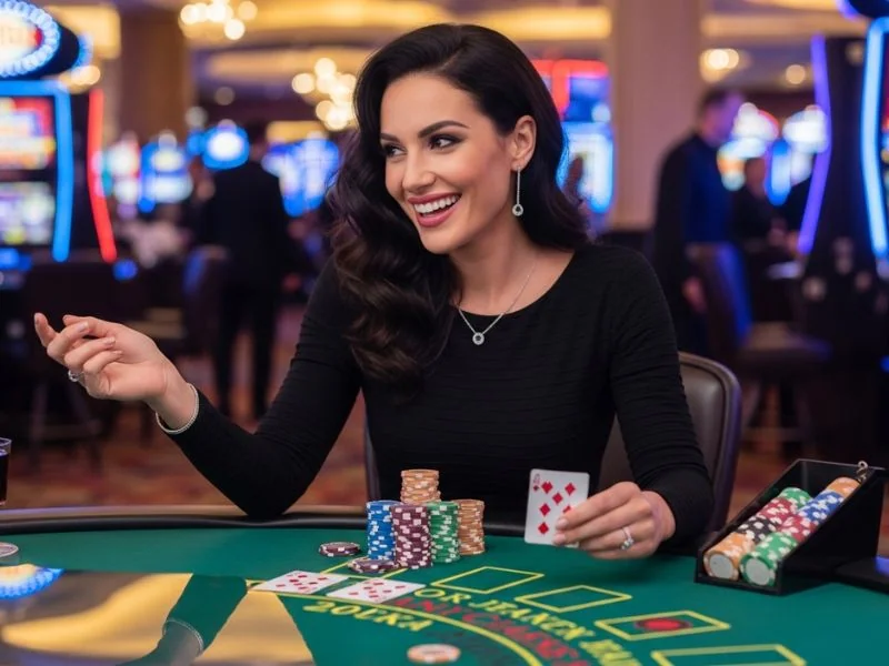Woman confidently going all-in at the poker table at 747 Online Casino, focused and determined