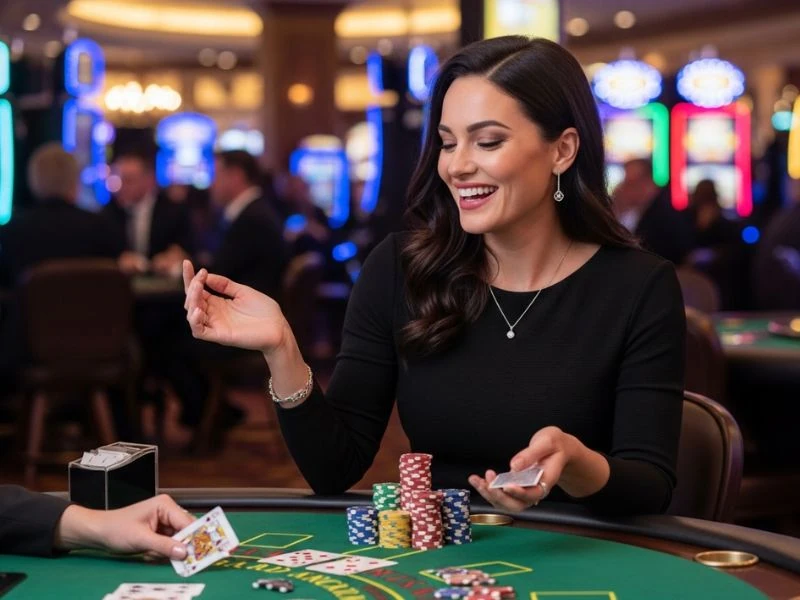 Woman confidently going all-in at the poker table at 747 Online Casino, exuding focus and excitement
