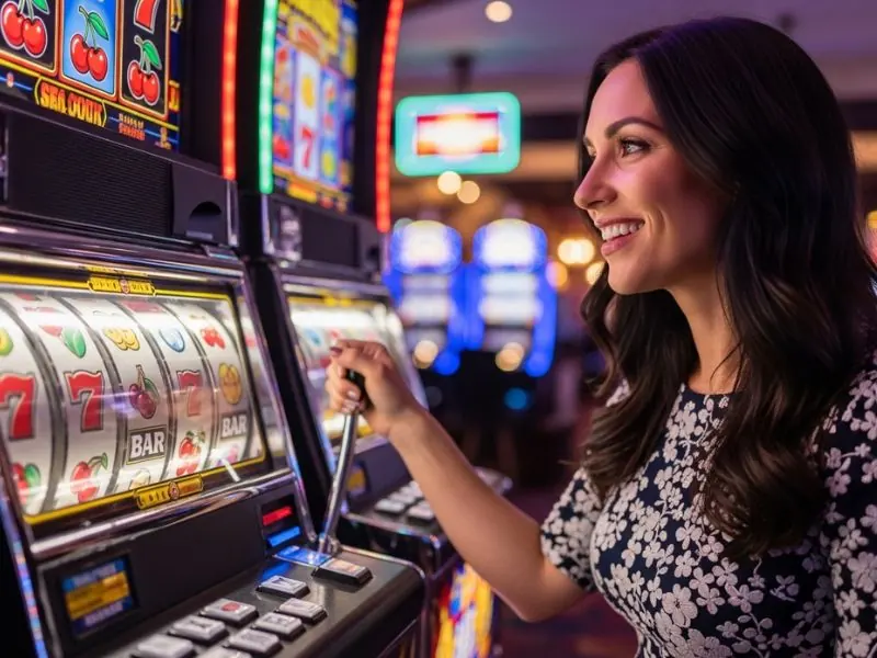Lady smiling while spinning slot reels at the 777 Pub online casino.