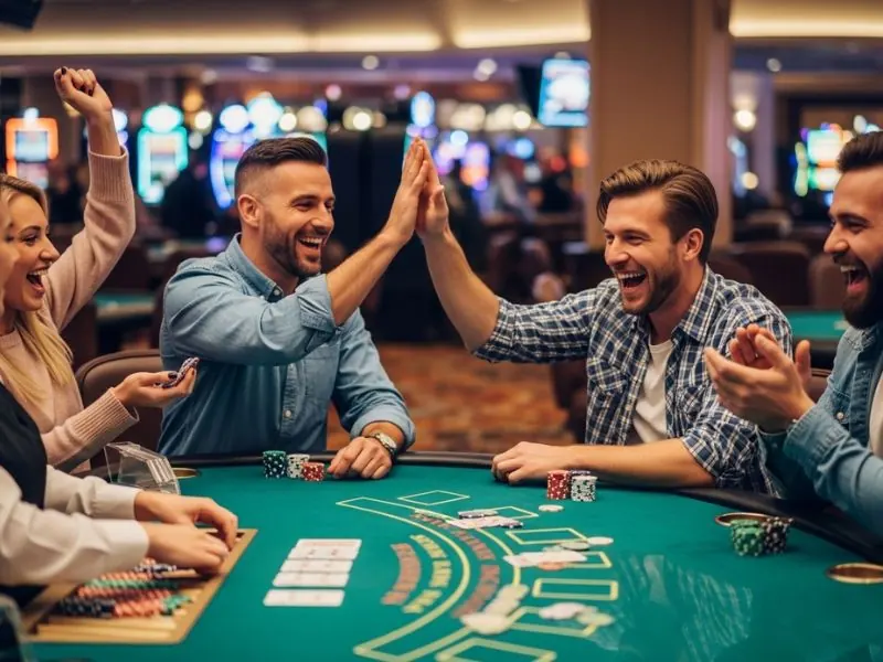 Man high-fiving friends after winning at blackjack in the 777 Pub online casino.