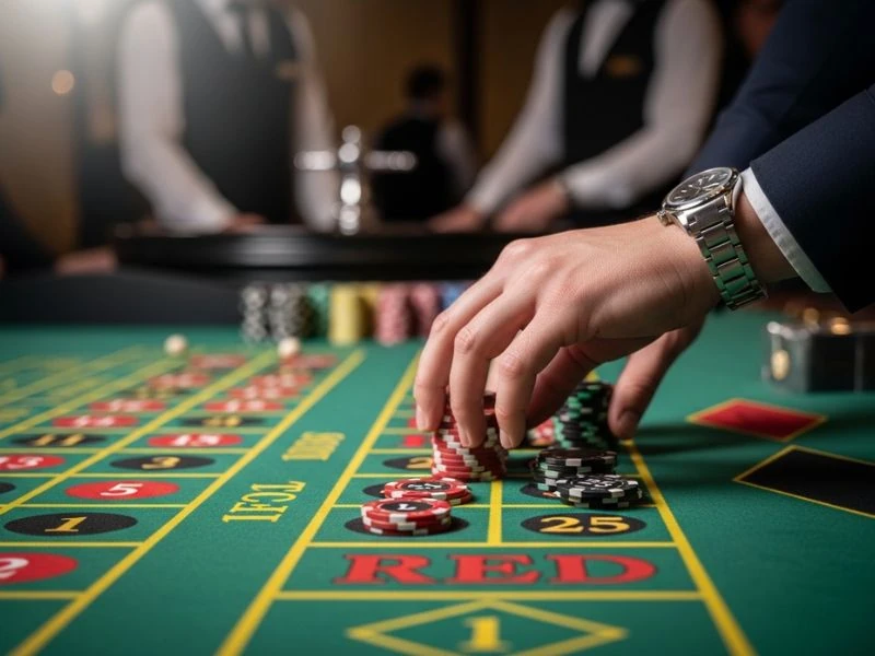Player placing a bet on red at the roulette table in the 777 Pub online casino.