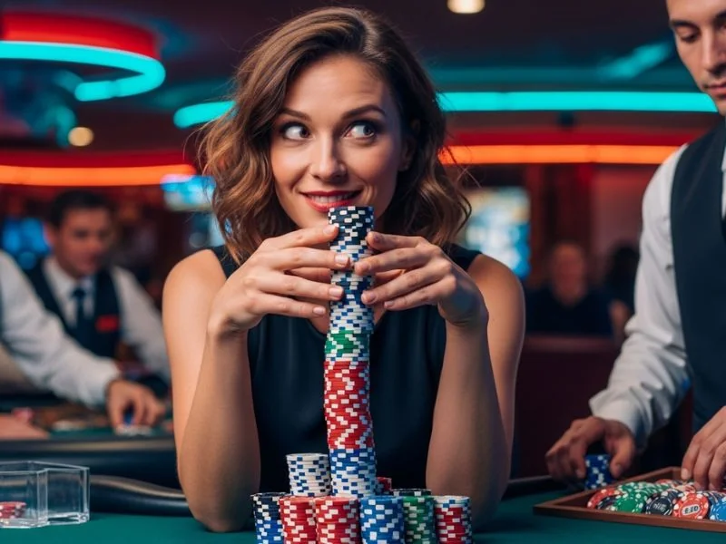 Woman holding a stack of casino chips at the 777 Pub online casino.