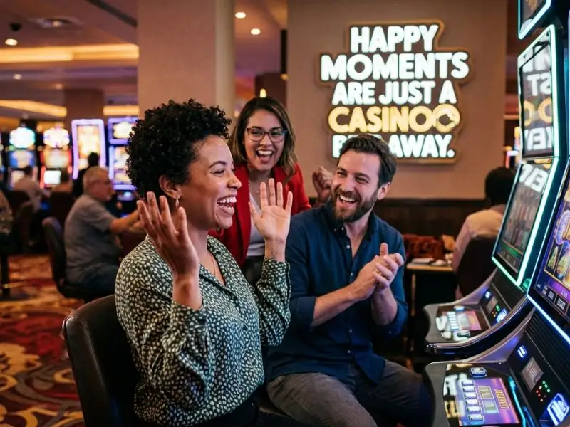 Player celebrating a win on a slot machine in 8k8 slot casino happy moments are just a casino bet away