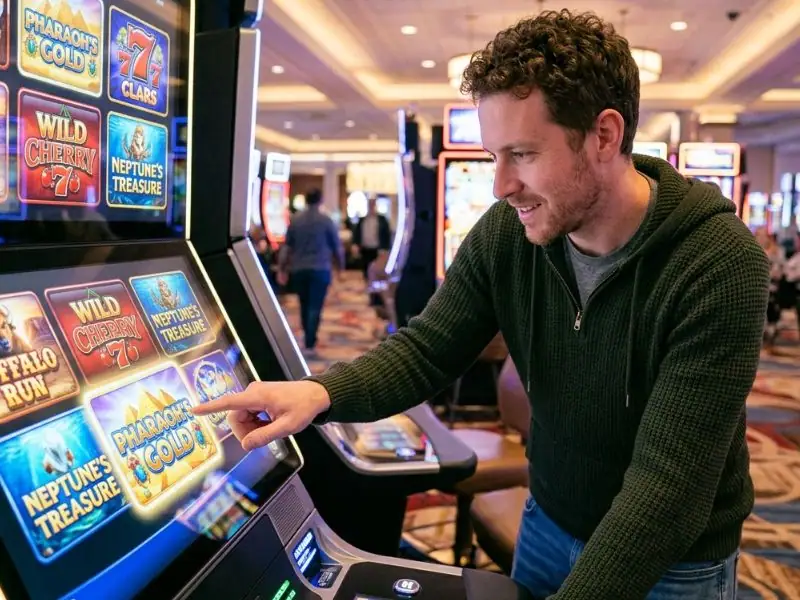 Player choosing a slot game on a screen at the biggest online casino platform