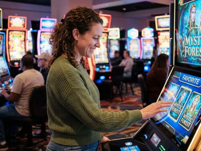 Woman choosing a slot game on a screen at the biggest online casino platform