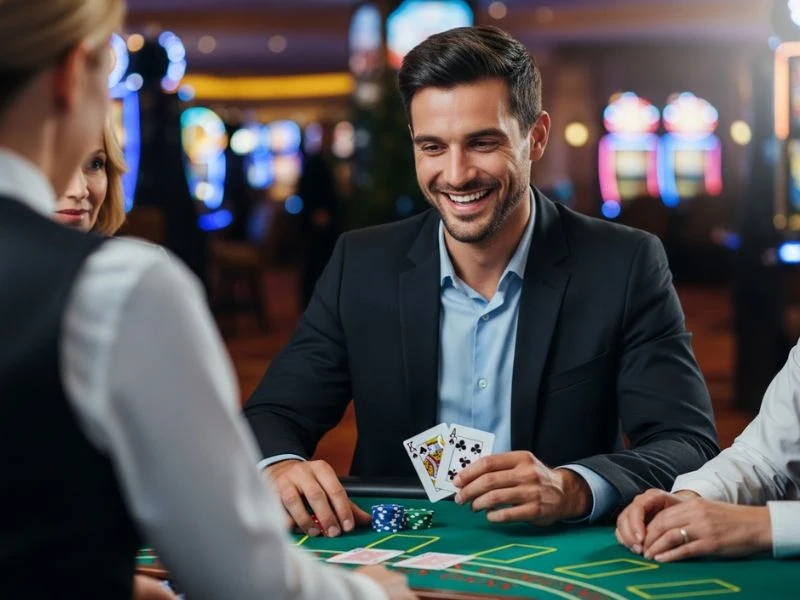 Man smiling while holding playing cards at Cgebet Online Casino Login, enjoying the game