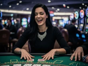 Woman confidently going all-in at the poker table at Cgebet Online Casino Login, focused and determined