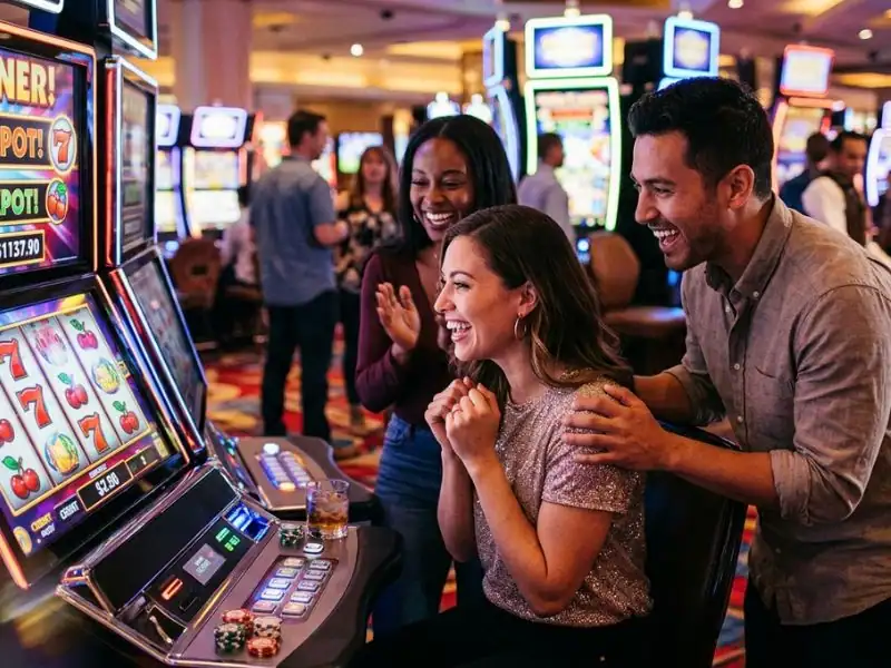Player celebrating a win on a slot machine in jiliasia casino slot every spin at the casino brings happy moments