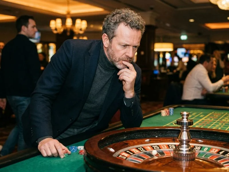 Low deposit online casino man examining roulette wheel before placing a bet, concentrating