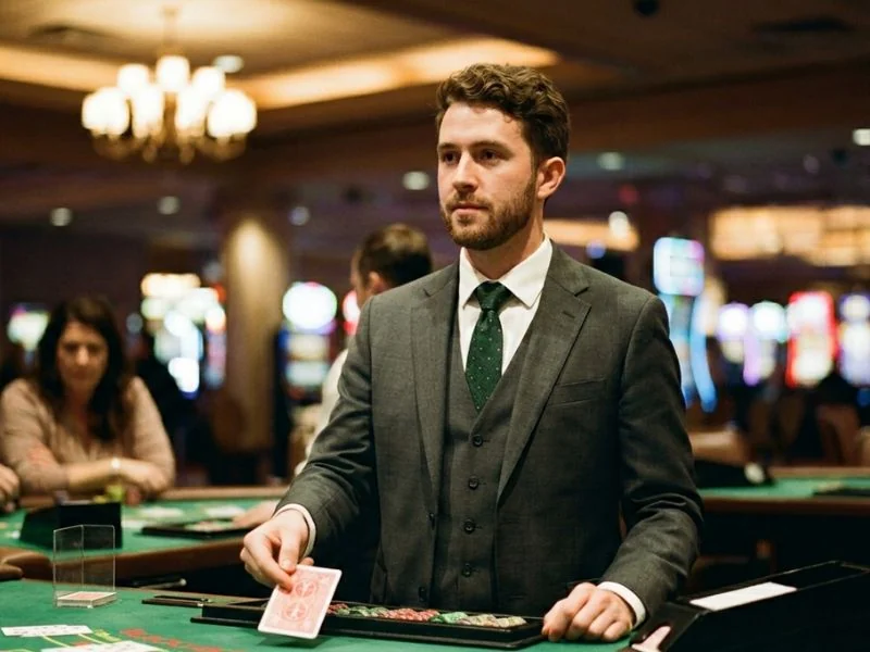 Low deposit online casino man holding dealer card during a blackjack game, focused on strategy