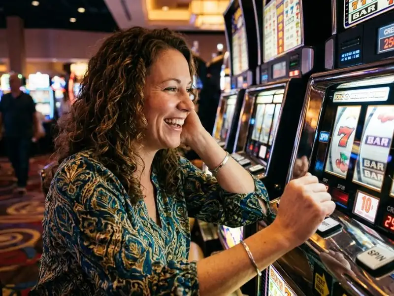 Low deposit online casino woman smiling while spinning slot reels, enjoying the game