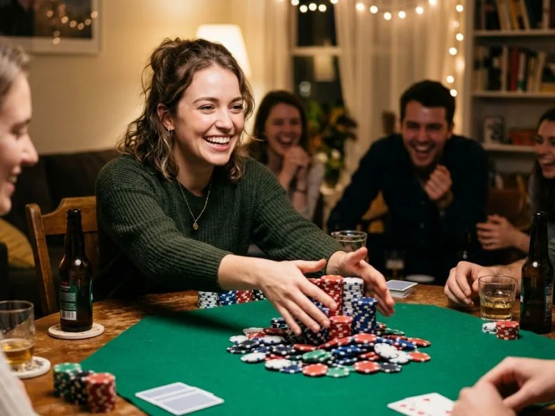 Milton 888 online casino friend smiling while placing an all-in poker bet at the table