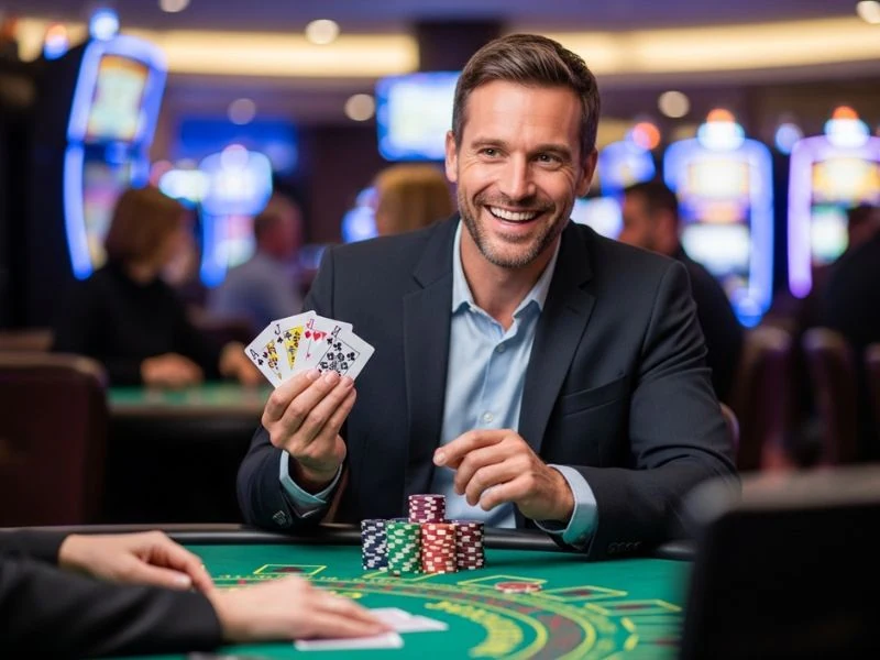 Man at Okada Online Casino smiling while holding his playing cards, enjoying the game