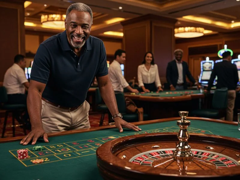 Happy man enjoying betting on Online Casino Facebook with a smile.