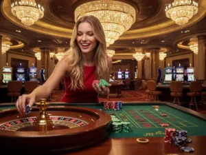 Happy woman placing a bet while playing on Online Casino Facebook.