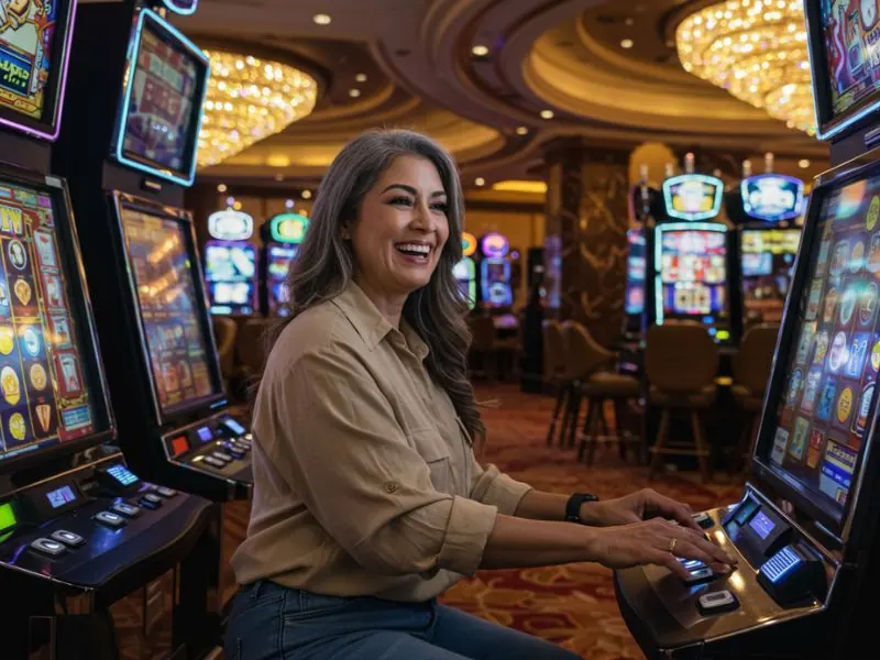 Happy woman enjoying casino games on Online Casino Facebook.