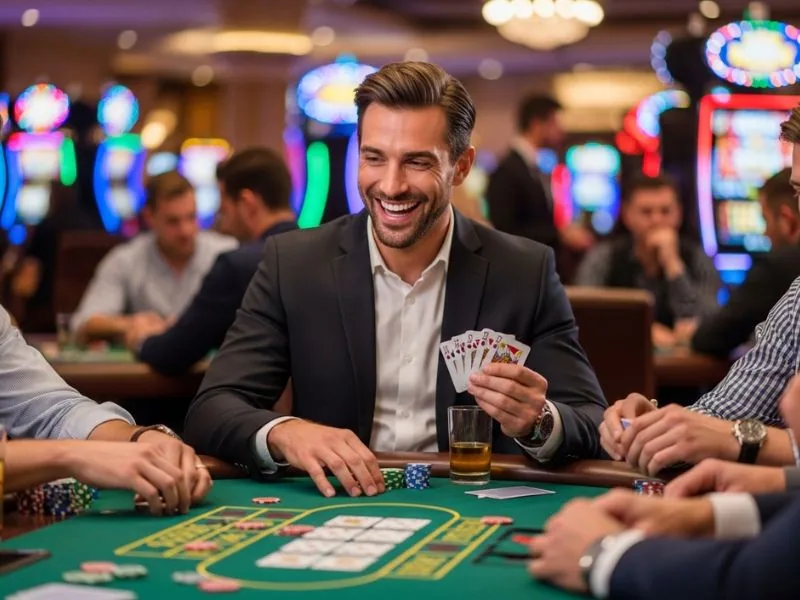 Player smiling with confidence at Online Casino Free 100 after hitting the jackpot