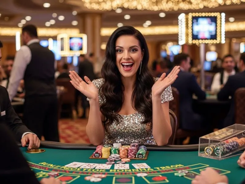 Player at Online Casino Free 100 smiling confidently after hitting a jackpot, celebrating a big win
