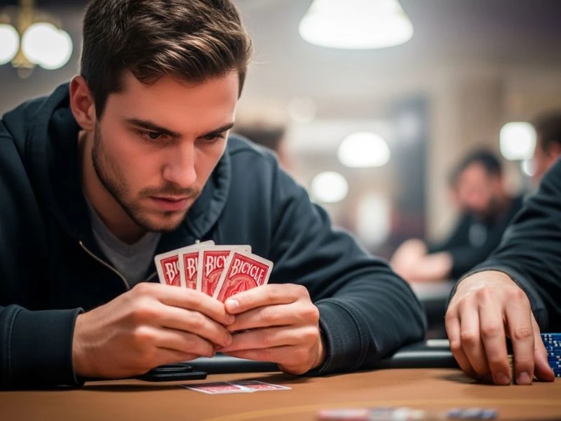 Buddy focusing intently on his poker hand while enjoying an online casino free bonus.