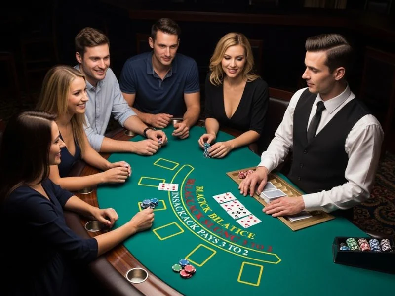 Group of friends gathered around a blackjack table while enjoying an online casino free bonus.