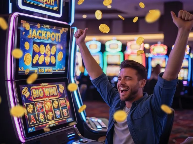 Player celebrating a big jackpot on a slot machine while using an online casino free bonus.