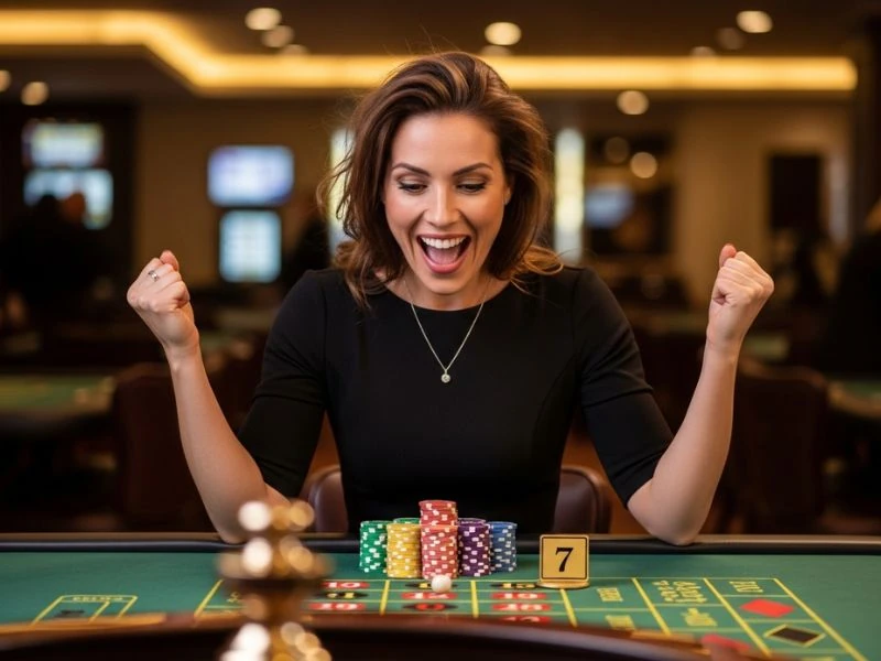 Woman excitedly celebrating a roulette win while using an online casino free bonus.