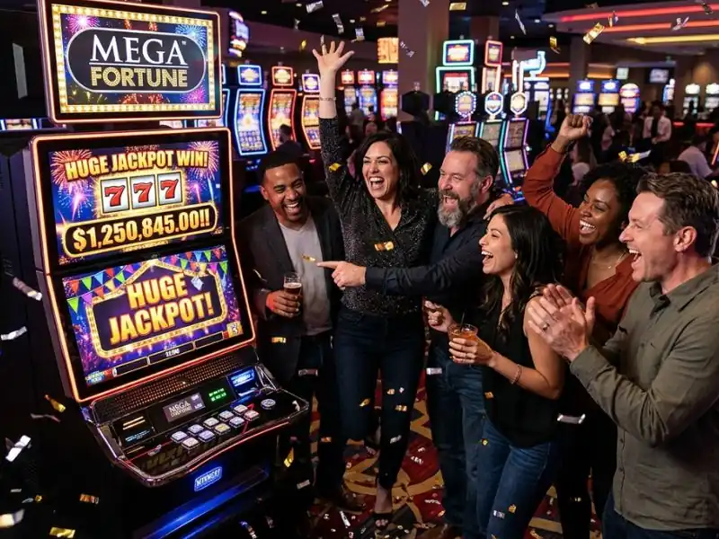 Online casino hacks group celebrating a huge jackpot on slot machines, cheering with excitement