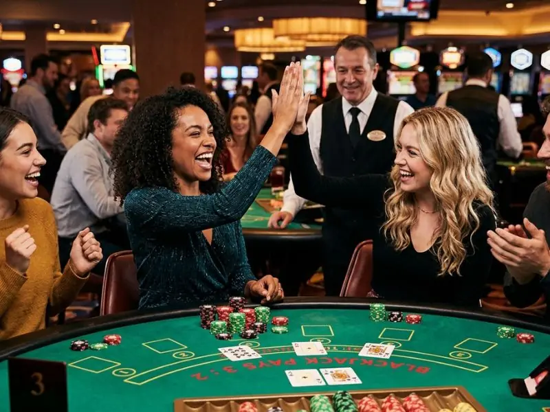Online casino PayPal Philippines woman high-fiving friends after winning a blackjack hand