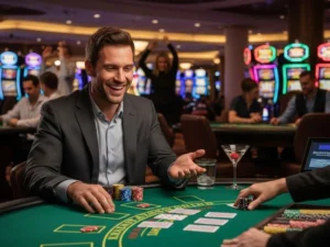 Two friends sharing playful banter while betting at Phdream Online Casino, enjoying chips and cards