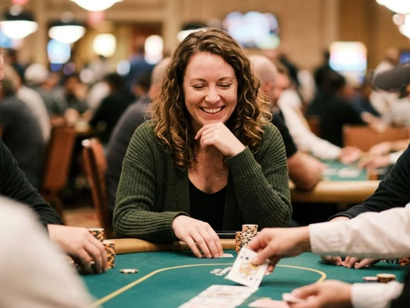 Woman watching a poker hand unfold with focus and joy at Pogo Online Casino