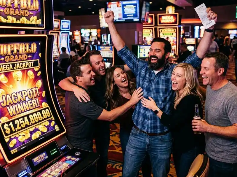 Man celebrating a jackpot win with friends while playing at popular online casinos