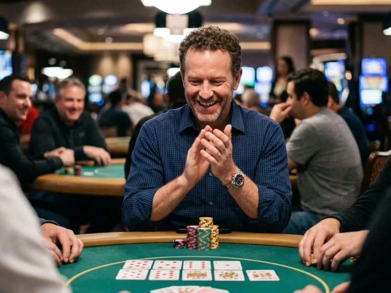 Man clapping after hitting a poker flush at Resorts World online casino.