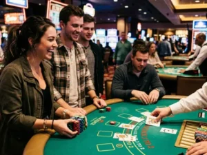Woman holding chips and laughing while watching blackjack at Resorts World online casino.