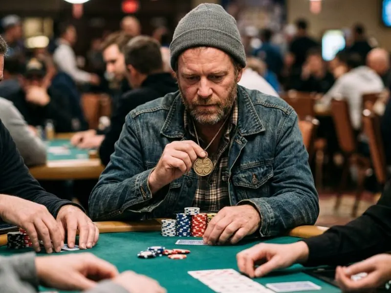 Man holding a lucky charm while playing poker at Ruby online casino.