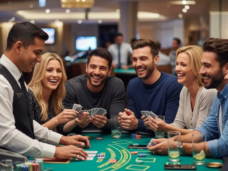 Group laughing and enjoying a blackjack game together at Solaire online casino.