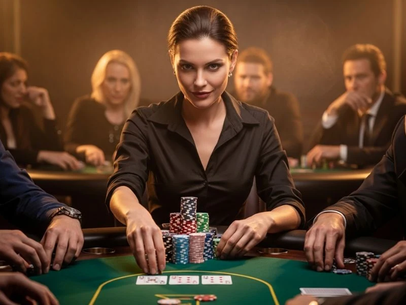 Woman confidently going all-in at the poker table in Solaire online casino.