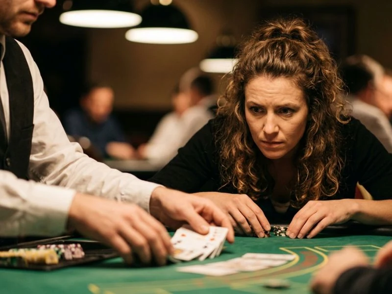 Woman watching cards being dealt with focus at Zone online casino.