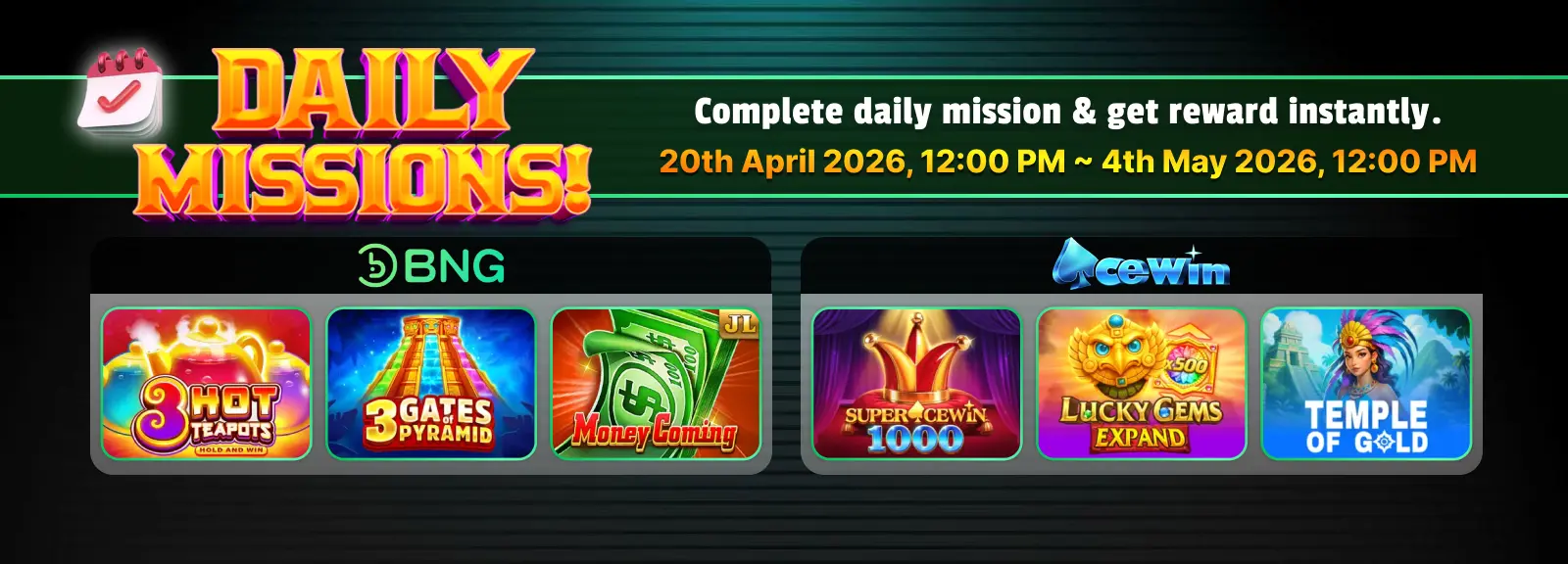 ApexGaming Promotions Daily Missions BNG and Acewin