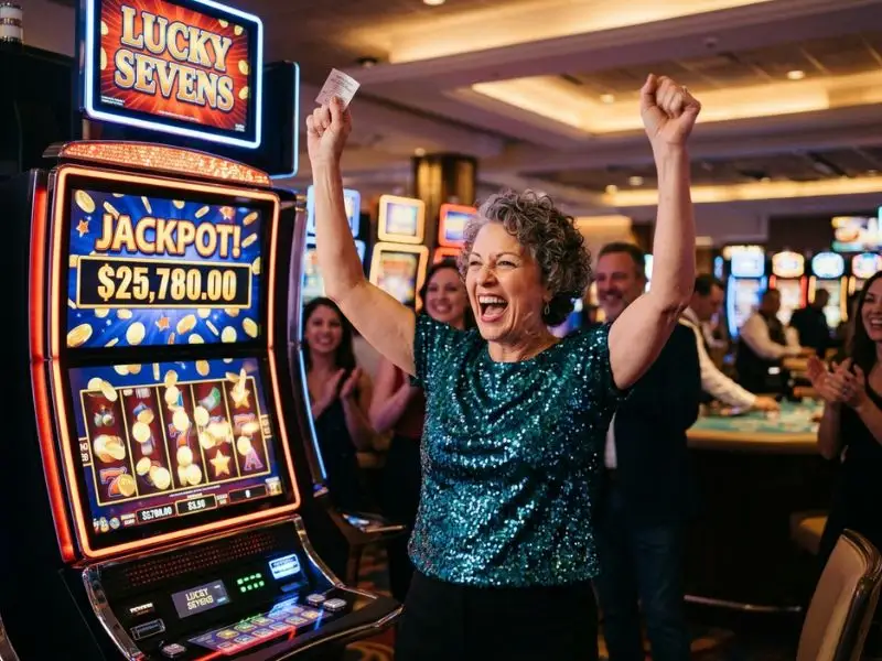 mexican slot game the happy casino player celebrates a surprising win smiling player celebrating big slot win moment