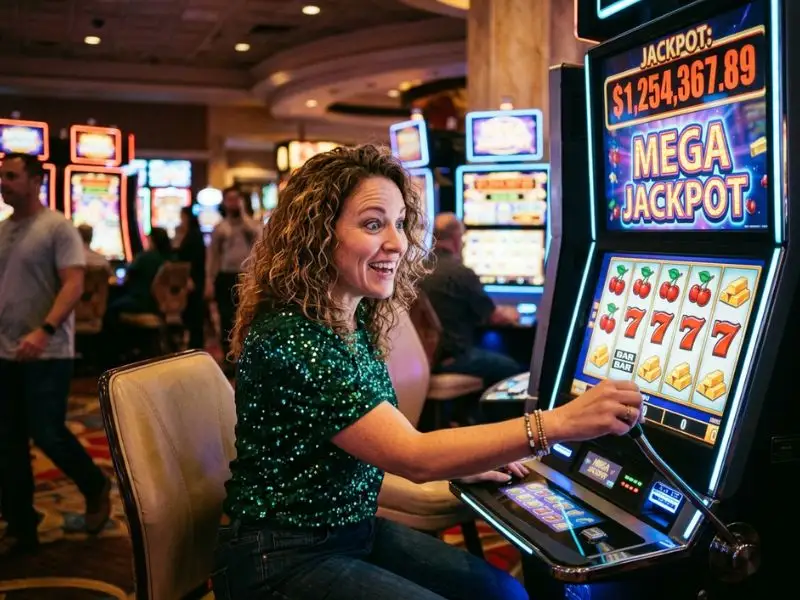 t-rex slot game the happy casino player hopes for a big jackpot focused player anticipating jackpot win in casino game