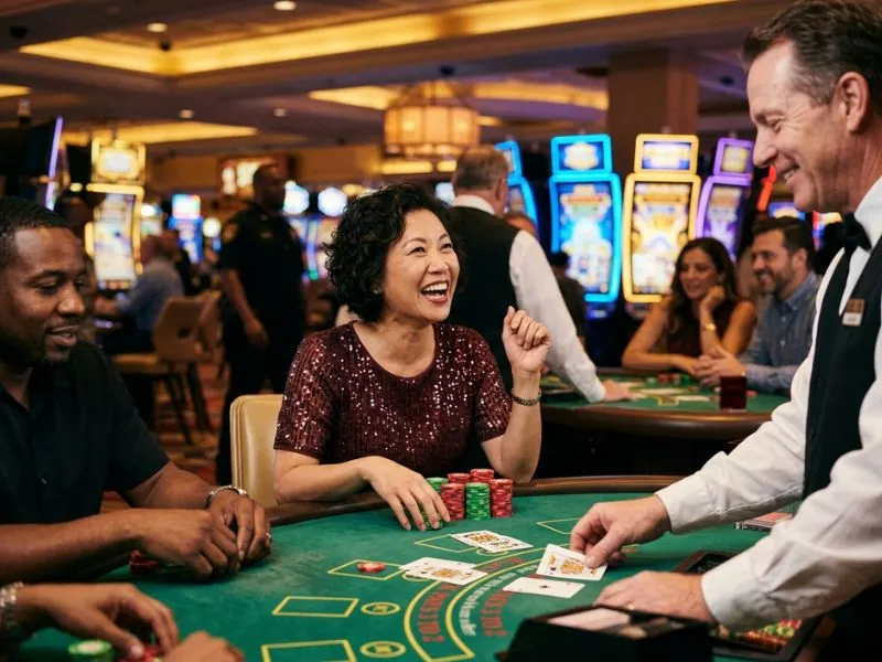 Player celebrating a casino win with chips and bright lights at 747-9.com casino