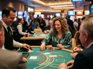 Confident casino player winning games with chips and bright lights at 747-9.com casino