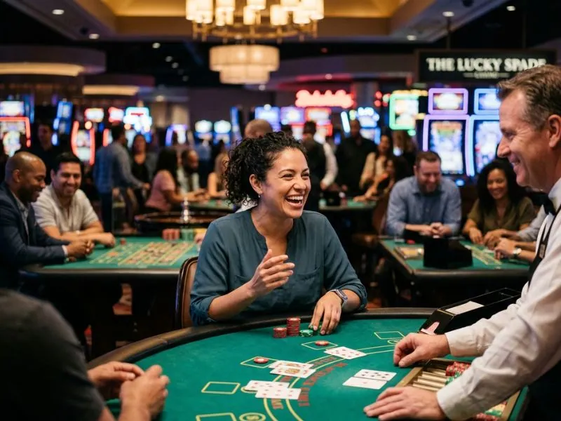 Casino player reacting excitedly to game results with chips and lights at 747-9.com casino