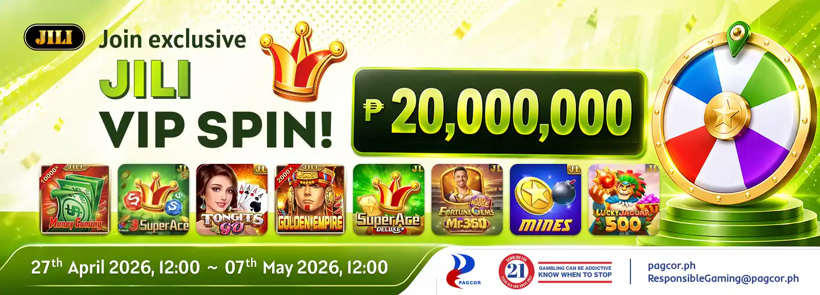 JILI VIP Spin online casino Philippines promo with ₱20,000,000 jackpot prize, spin wheel rewards, and Apex Gaming88 featured slot games.