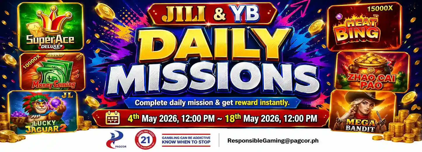 JILI and YB Daily Missions promo banner featuring online casino Philippines slot rewards, daily challenges, and Apex Gaming88 bonus event.