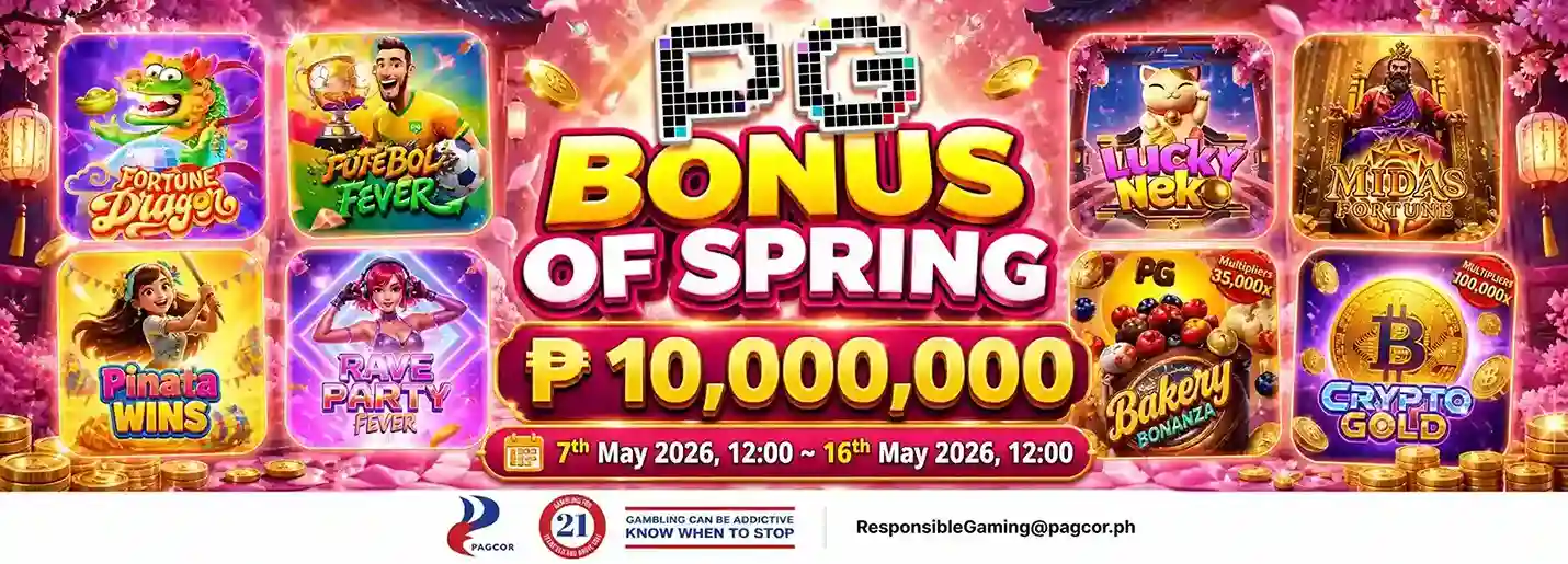 PG Bonus of Spring promo banner featuring online casino Philippines slot games, ₱10,000,000 prize pool, and Apex Gaming88 rewards event.