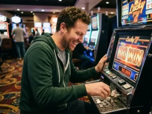 Free 100 GCash Casino player smiles as the machine pays out winnings in an online casino