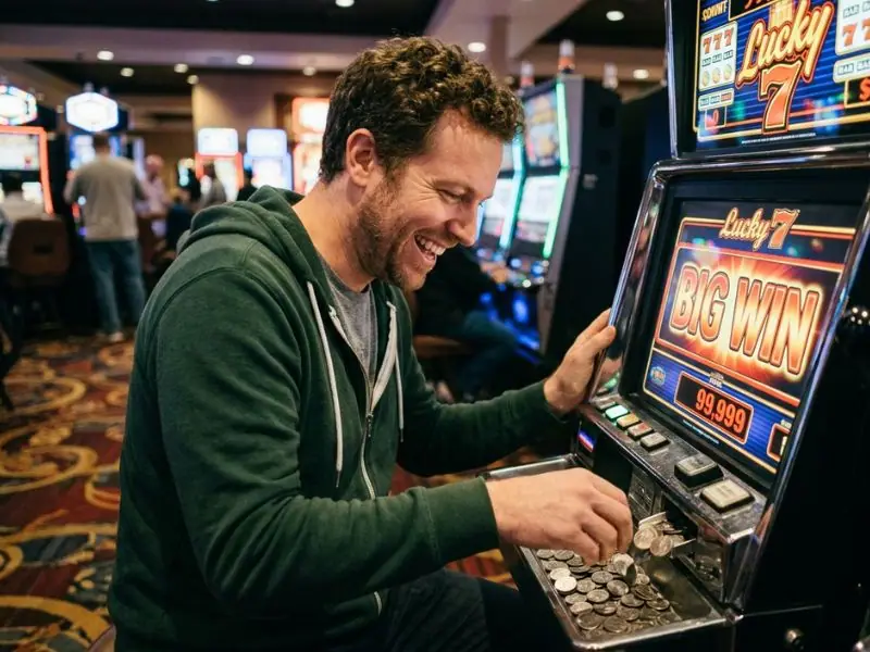 Free 100 GCash Casino player smiles as the machine pays out winnings in an online casino