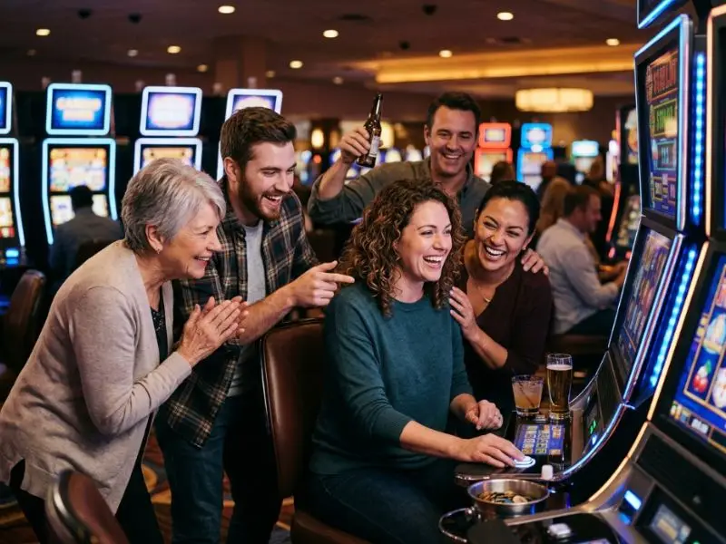 Players smiling as flashing winning symbols appear on JL99 Casino slot game
